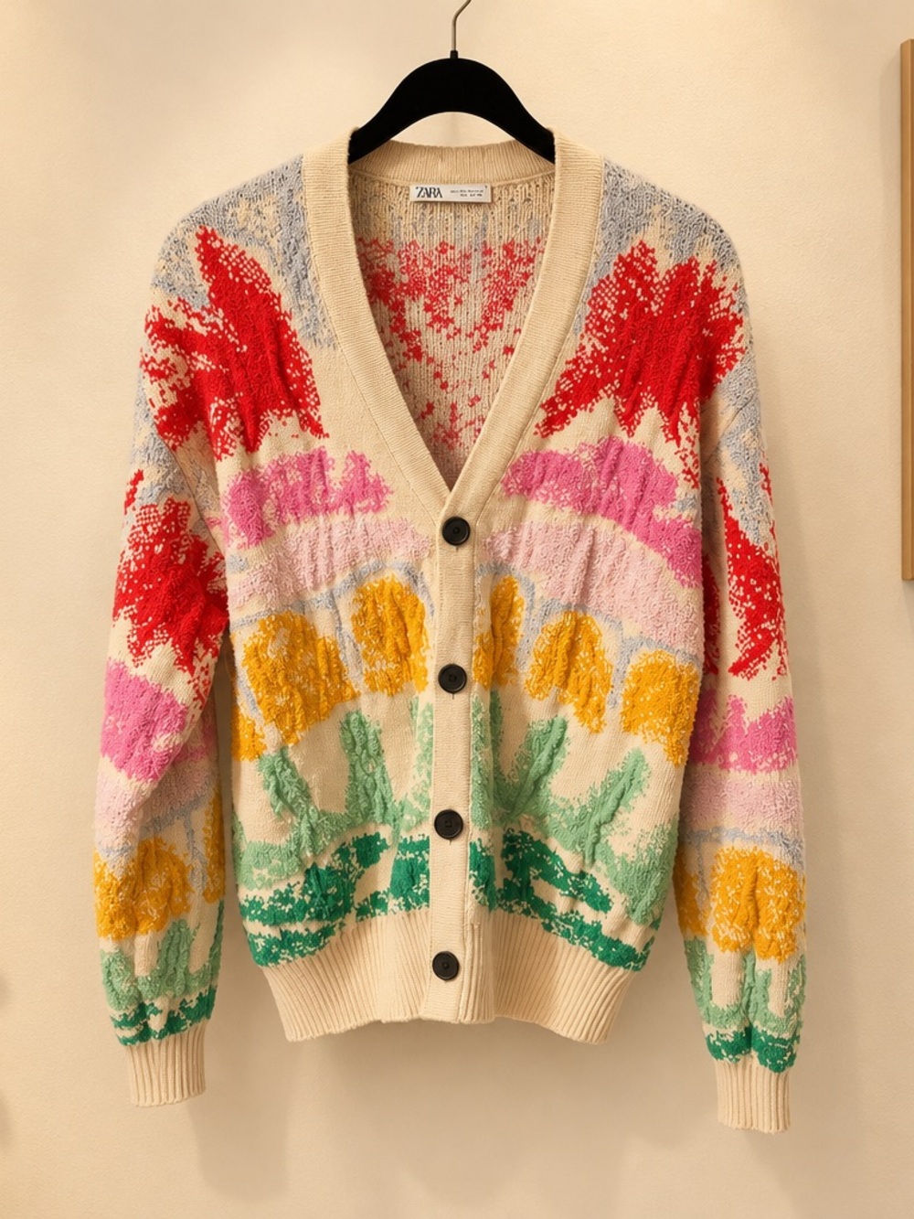 Zara Cream Multicolor Floral Knit Cardigan